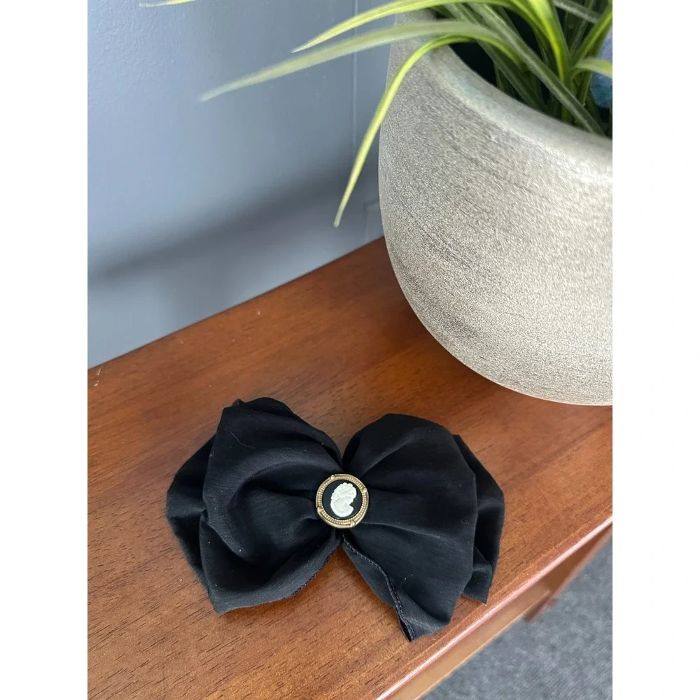 Vintage Cameo Bow‎ Hair Barrette Black Fabric Victorian Coquette Heirloom Taiwan